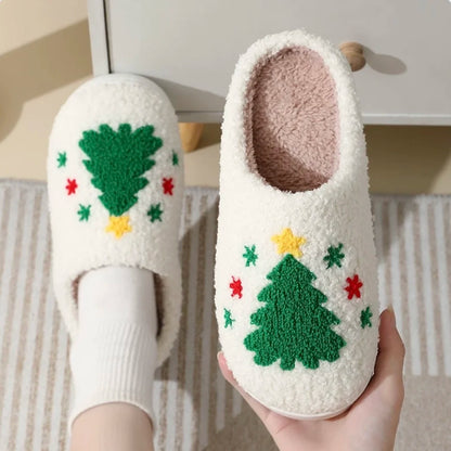 Christmas Elk Cotton Slippers For Women Men Winter Cute Cartoon Slippers Indoor Non Slip Couple Floor Slides Home Plush Shoes