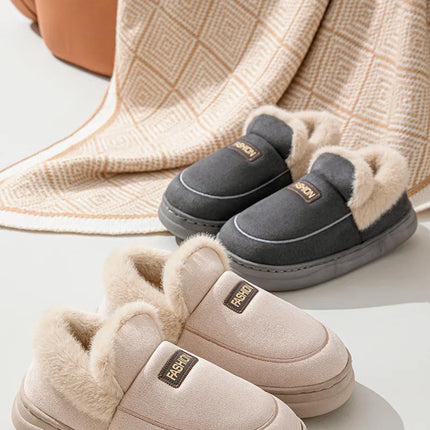 Comwarm Women Cotton Slippers Winter Warm Plush Lined Outdoor Slides Couple Non-slip Furry House Slippers Soft Cozy Cotton Shoes