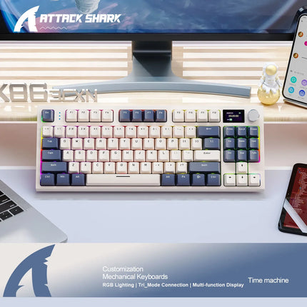 Attack Shark K86 RGB Wireless Mechanical Keyboard,Hot Swap,Metal Knob,TFT Screen,Bluetooth Three-Modes,Macro Gaming Keyboard