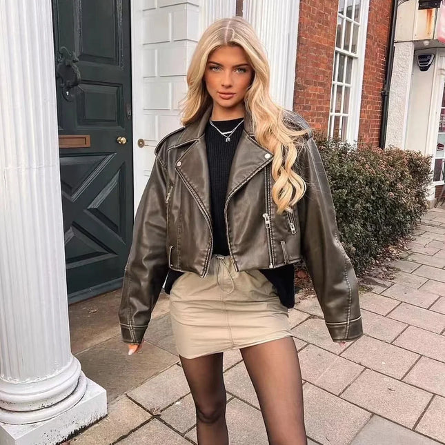 ZVRI 2024 Women Vintage Loose Pu Faux Leather Short Jacket with Belt Streetwear Female Zipper Retro Moto Biker Coat Outwear Tops