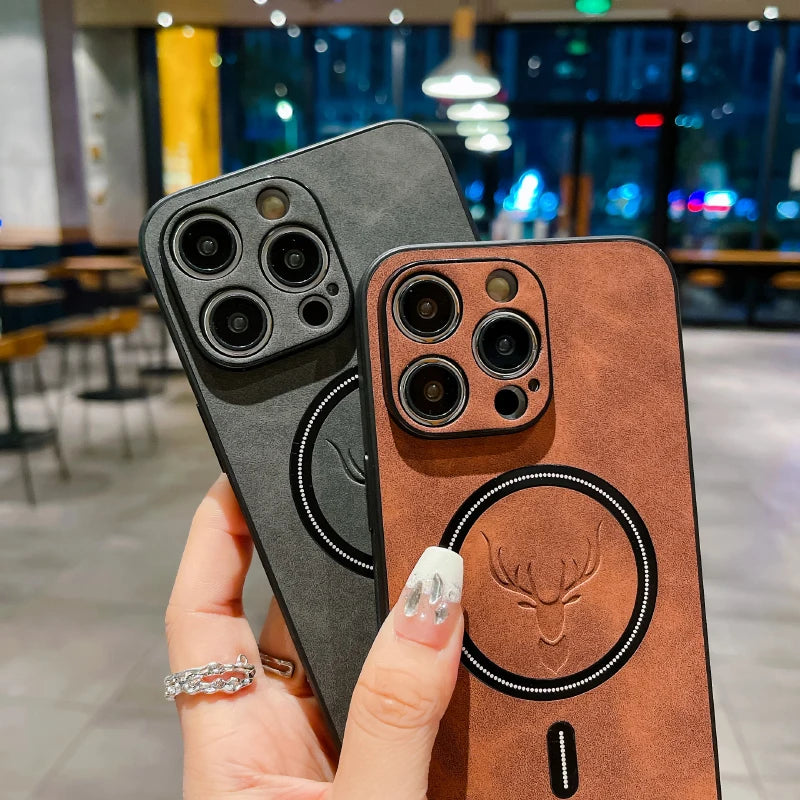Luxury PU Deer Leather Case For iPhone 16 Pro Max 15 14 13 12 11 Pro Max 15Pro 14Pro 13Pro For Magsafe Wireless Charge Back Case