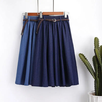 Women Skirt Sweet Vintage Literary Style Elastic High Waist Solid Color Wild A-Line Denim Long Paragraph