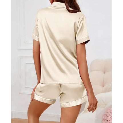 Womens Satin Pajamas Set Luxurious Short Sleeve Turn-down collar Button Top & Shorts Sleepwear & Loungewear for Summer Nightwear
