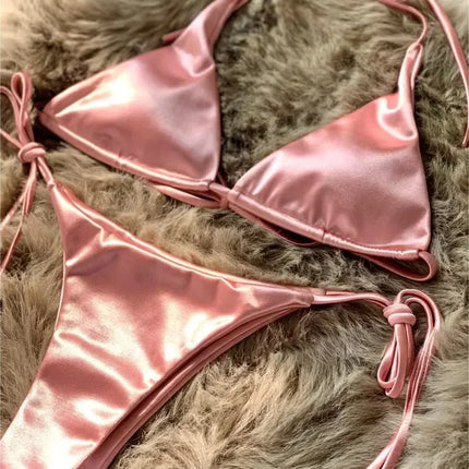 Halter Brazilian Metallic Satin Bikini Women Swimwear Female Swimsuit Two-pieces Bikini Set High Cut Bathing Suit Swim Beachwear