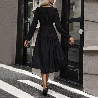 Women Classic Black Commute Casual Dress Sexy Long Sleeve Deep V High Slit T Shirt Dresses Elegance Chic Evenign Party Vestidos