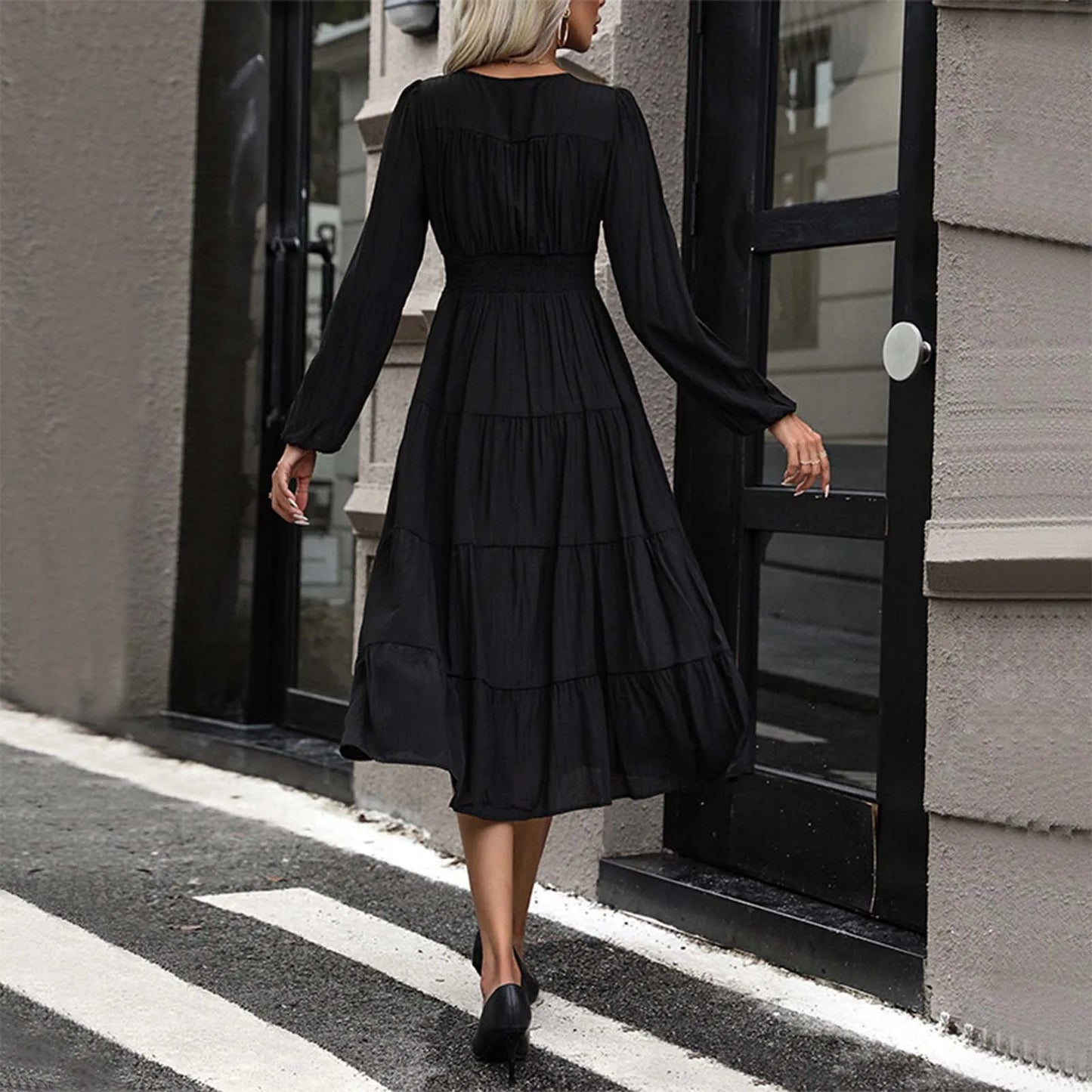 Women Classic Black Commute Casual Dress Sexy Long Sleeve Deep V High Slit T Shirt Dresses Elegance Chic Evenign Party Vestidos