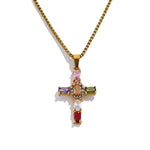 Yhpup Delicate Colorful Bling Cubic Zirconia Cross Pendant Stainless Steel Luxury Necklace High-Grade Fashion Shiny Jewelry Gift