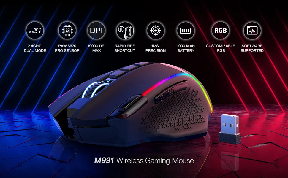 Redragon M991 Wireless Gaming Mouse, 19000 DPI Wired/Wireless Gamer Mouse w/Rapid Fire Key RGB Backlight