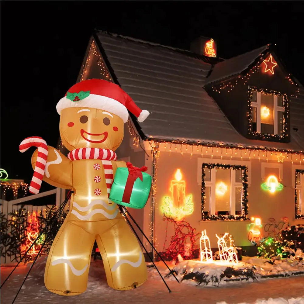 8FT/2.4M Christmas Inflatables Gingerbread Man with Gift Pack Outdoor Decorations Xmas Yard Decorations with LED Lights for Lawn