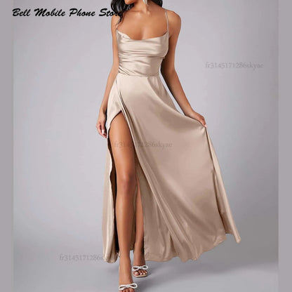Elegant Women Sexy Satin Prom Dress Summer Sexy Blue High Slits Graduate Evening Long Dress Ladies Backless Lace Up Party Robes