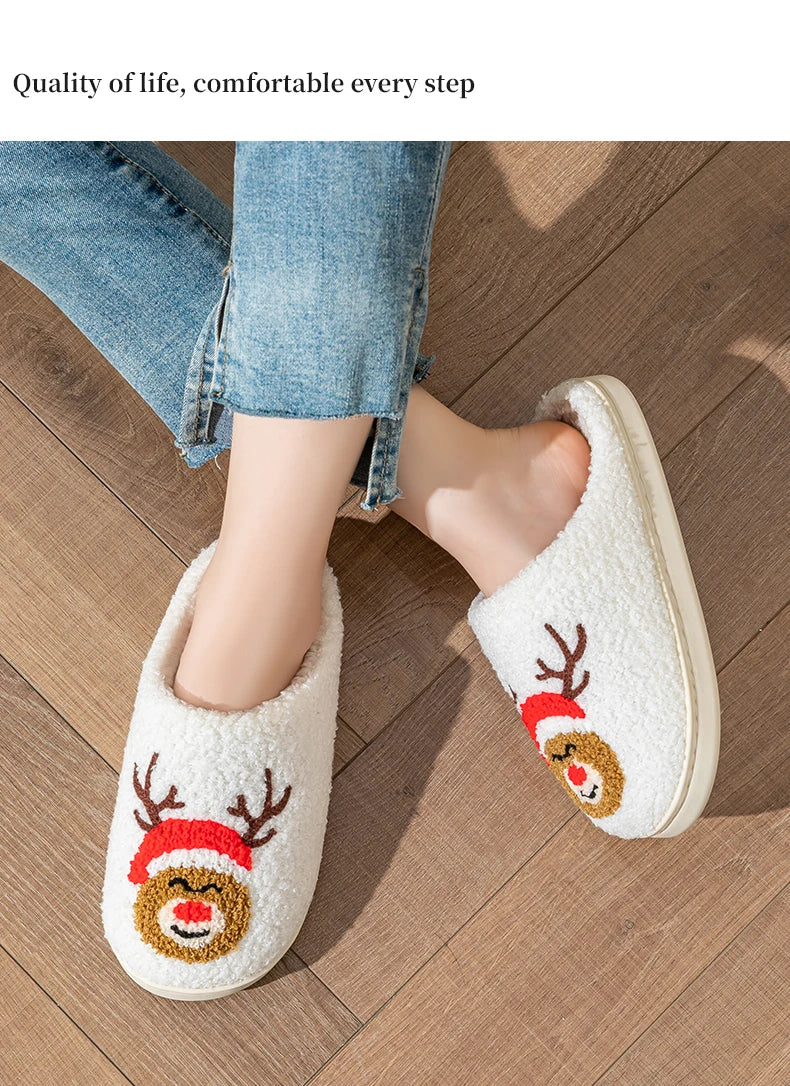 Christmas Home Warming Slippers for Women in Autumn and Winter Indoor Slip-Resistant Plush Home Shoes with Christmas Hat Unisex