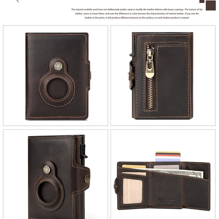 Anti-scan Magnet Credit Card Holder Wallet Genuine Leather Automatic Pop Out Aluminum Smart Wallets Luxury AirTag Purse Set