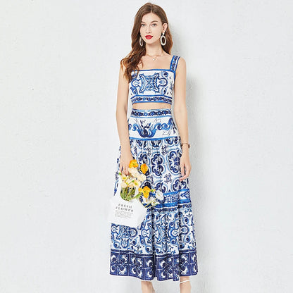 JAMERARY Summer Runway Blue And White Porcelain Two Piece Set Women Flower Print Short Crop Top + Holiday Beach Maxi Skirt Suits