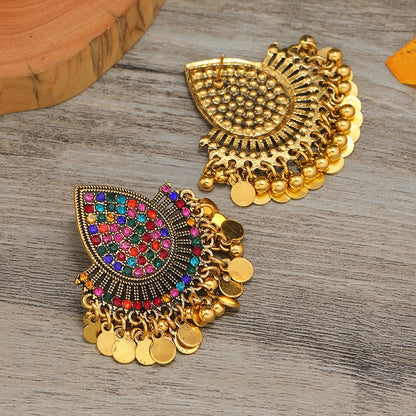 Vintage Indian Feng Shui Droplets Full of Diamonds, Colorful Tassel Round Plate Ball Earrings