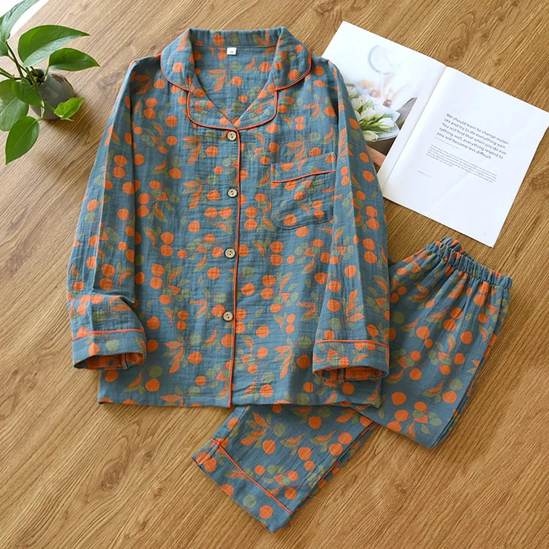 2024 Japanese Spring and Autumn New Women's Pajama Set 100% Cotton Vintage Long sleeved Pants Two Piece Set for Home Furnishings