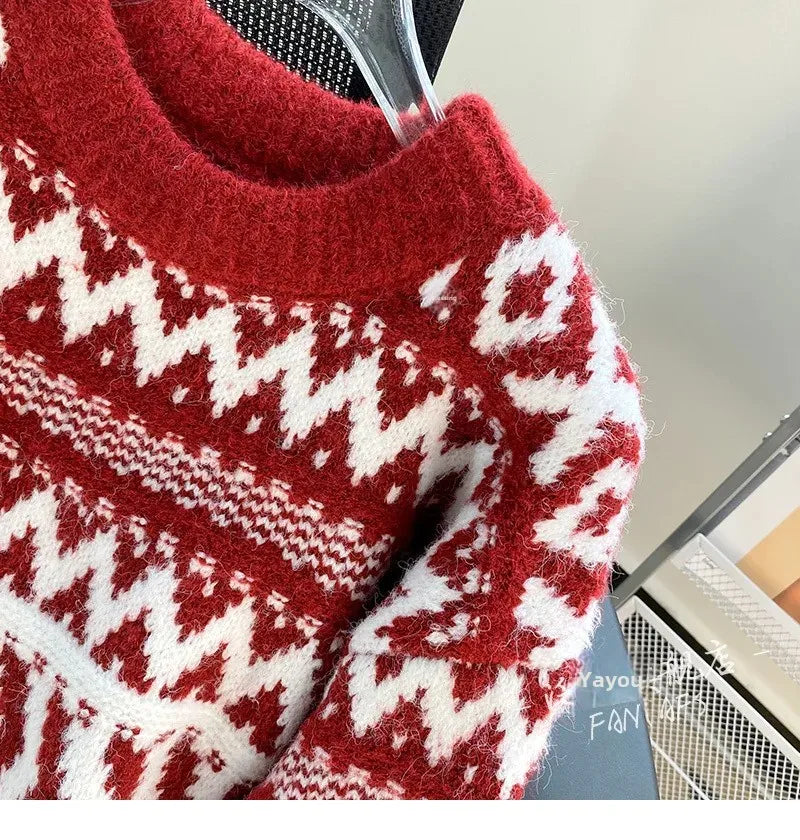 Vintage New Year Red Sweater Women's Autumn/Winter Outerwear Thickened Lazy Christmas Spirit Design Sensibility Loose-Fit Soft A
