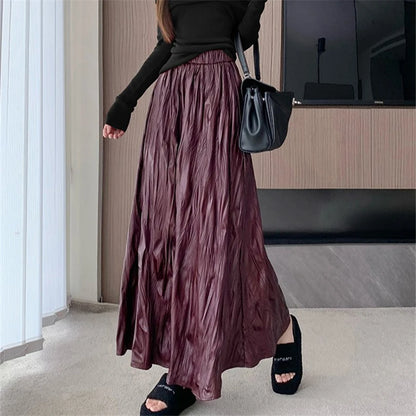Seoulish Autumn Winter Vintage PU Women's Long Skirts Solid High Waist Korean Pleated Umbrella Skirts Female 2024 New