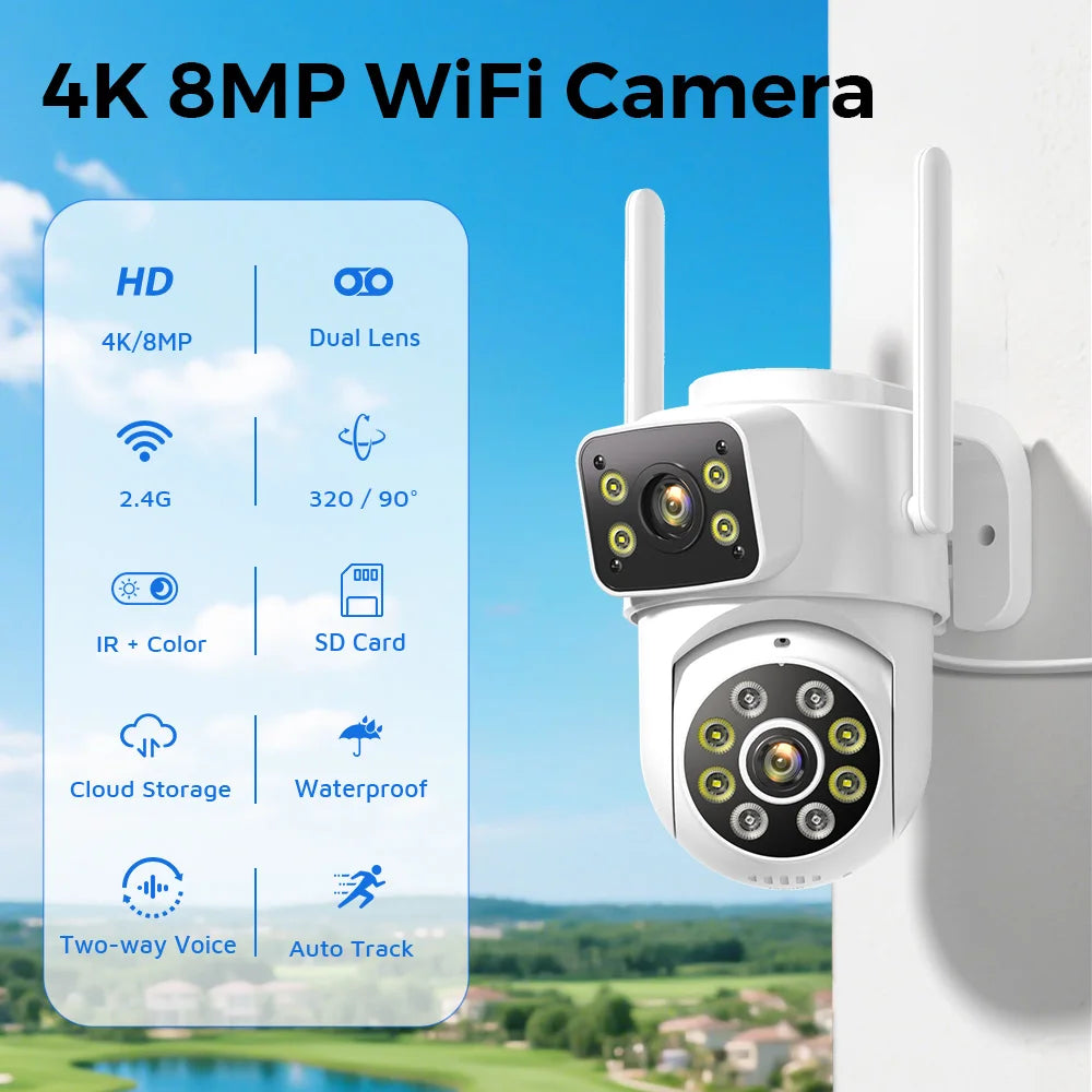 8MP WiFi Camera PTZ Dual Screens Auto Tracking Night Vision CCTV Surveillance Camera Outdoor 4MP Security IP Camera icsee