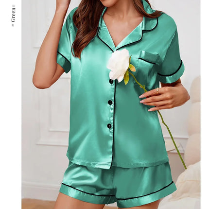 Womens Satin Pajamas Set Luxurious Short Sleeve Turn-down collar Button Top & Shorts Sleepwear & Loungewear for Summer Nightwear