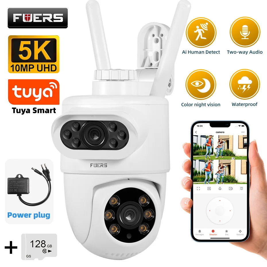 FUERS 5K 10MP Dual Lens IP Camera Tuya Smart Home Security Auto Tracking Wireless Alarm WIFI CCTV Surveillance Outdoor Camera