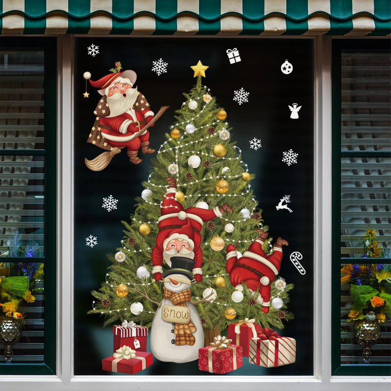 2024 Christmas Window Stickers Santa Claus Xmas Tree Cartoon Glass Decal Merry Christmas New Year Holiday Decorations for Home