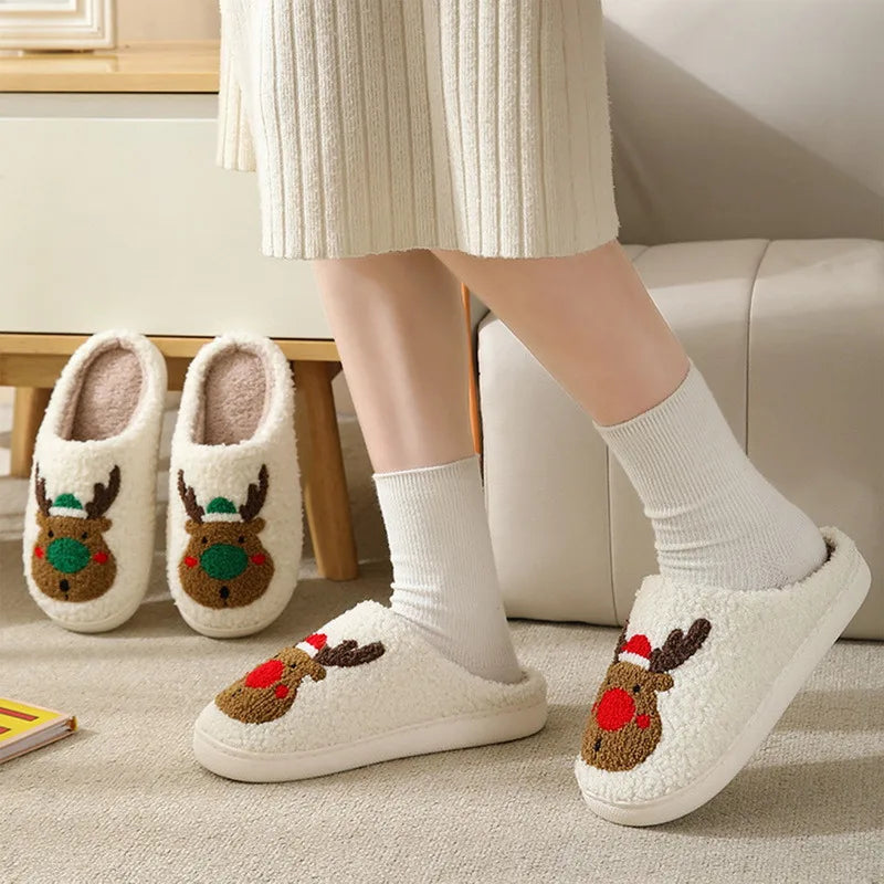 Christmas Elk Cotton Slippers For Women Men Winter Cute Cartoon Slippers Indoor Non Slip Couple Floor Slides Home Plush Shoes