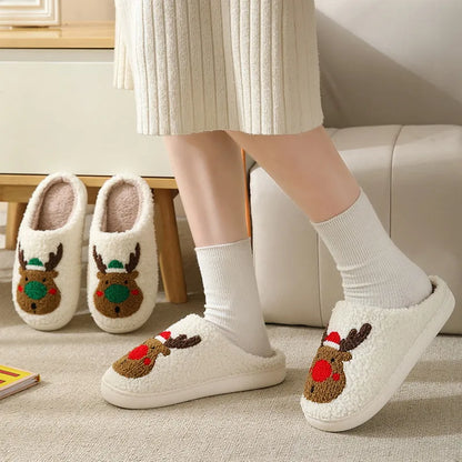 Christmas Elk Cotton Slippers For Women Men Winter Cute Cartoon Slippers Indoor Non Slip Couple Floor Slides Home Plush Shoes
