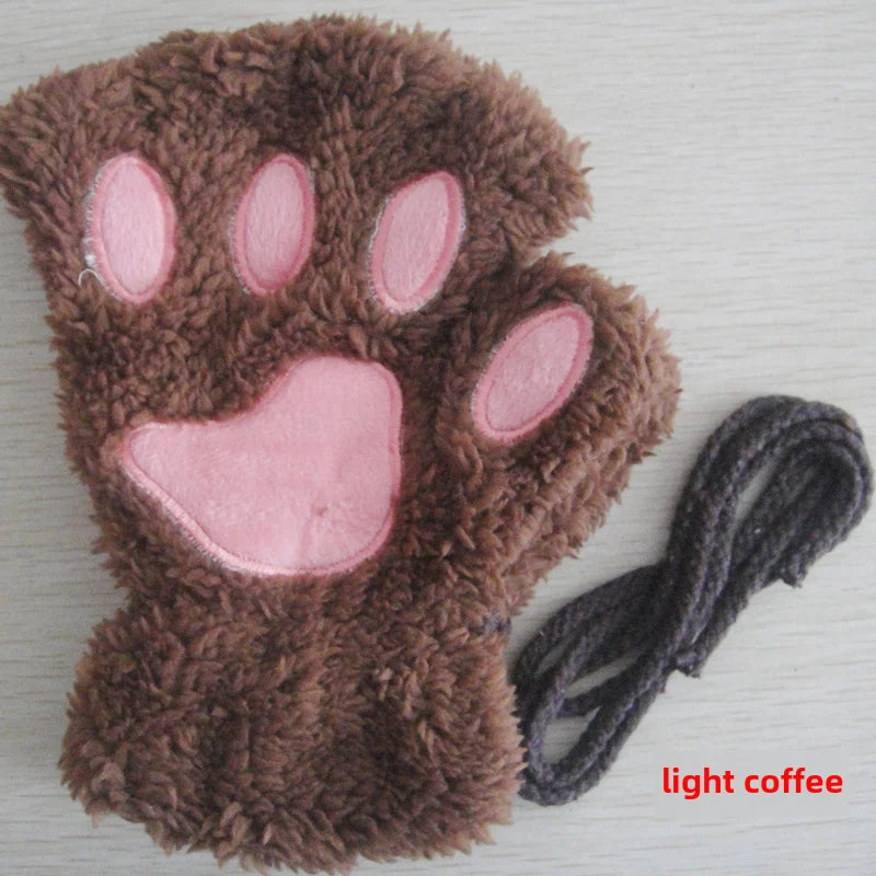 Cat Claw Gloves Winter Cute Cartoon Cat Girls Fingerless Gloves Thickened Velvet Bear Paw Half Finger Gloves