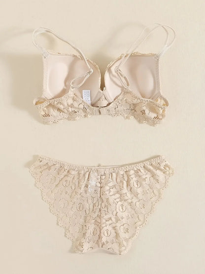 1 Set Elegant Erotic Lace Embroidery Breathable Fabric Lingeries : Push-Up Bra, Low Waist Sheer Panty - Ultimate Valentine's Day