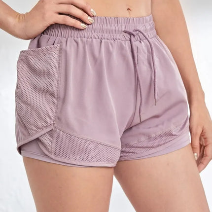Women's Elastic Sports Shorts, Shorts With Pockets, Fake Two-Piece Yoga Leggings Running And Training