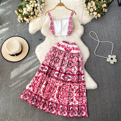 JAMERARY Summer Runway Blue And White Porcelain Two Piece Set Women Flower Print Short Crop Top + Holiday Beach Maxi Skirt Suits