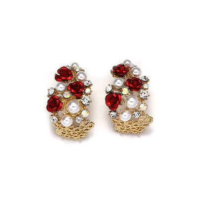 Korean Earrings, high-end hollowed out C-shaped half ring earrings, French pearl shell roses