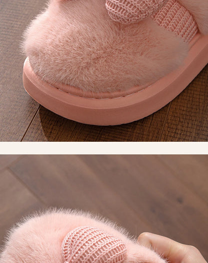 Women Fashion Plush Warm Bows Cotton Slippers Couple Winter New Thick Soft Sole Slides Men Indoor Floor Flat Home Non-slip Shoes