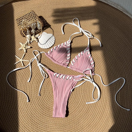 2025 Halter Wrinkled Weave Bikini Women Swimwear Female Swimsuit Two Pieces Bikini Set Brazilian Bathing Suit Swim Beach Wear