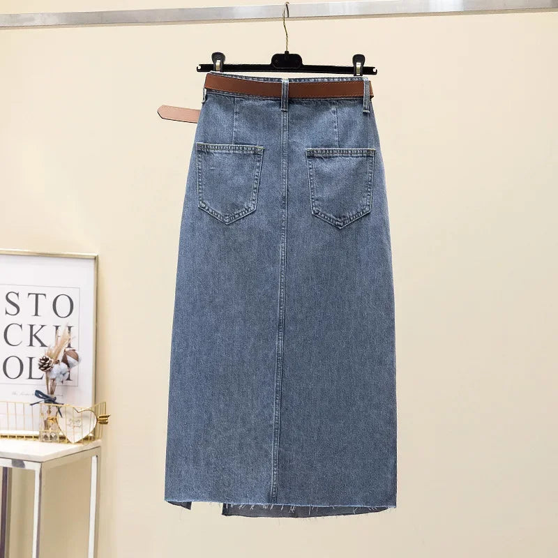 Clearance Sale: High-Waisted Embroidered Denim Skirt Women's Summer A- Line Side Slit Specialty Store Clothing