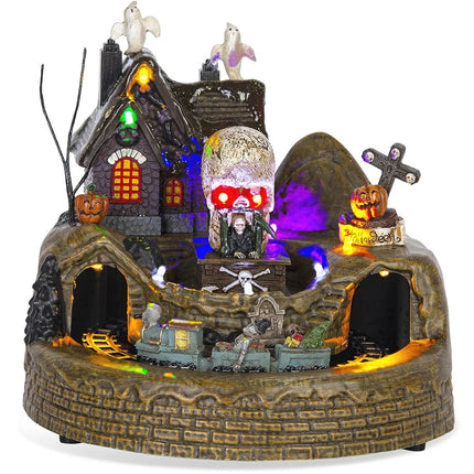 Halloween Holiday Village Train Decor with LED Lights Music Spooky Ghost & Skeleton Figurines, Festive Haunted House Decoration