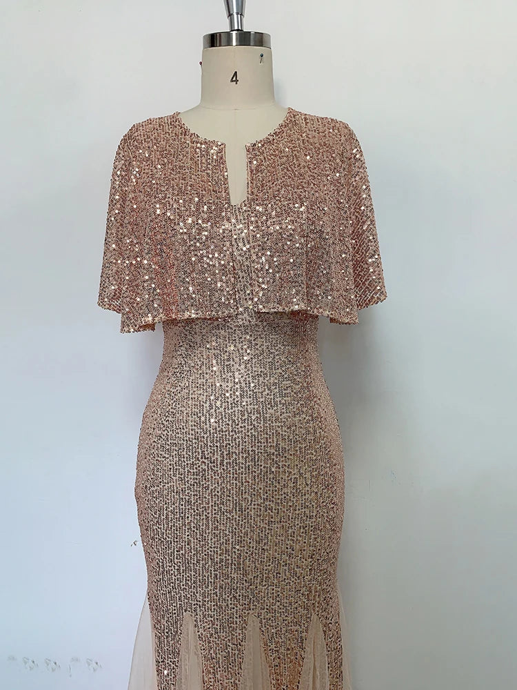 V-Neck Mermaid Dress with Shawl, Long Formal Prom Party Gown, Sequins Sleeveless, Sexy Evening Dress, Plus Size