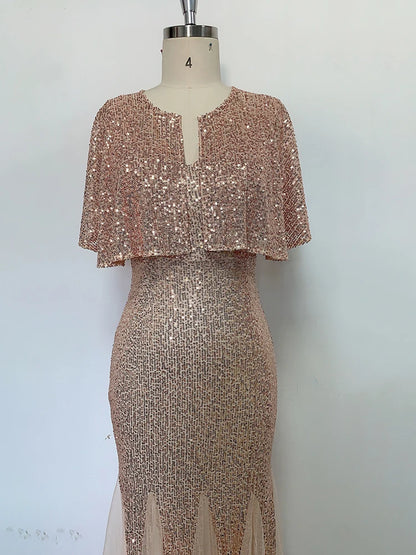 V-Neck Mermaid Dress with Shawl, Long Formal Prom Party Gown, Sequins Sleeveless, Sexy Evening Dress, Plus Size