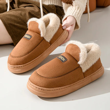 Comwarm Women Cotton Slippers Winter Warm Plush Lined Outdoor Slides Couple Non-slip Furry House Slippers Soft Cozy Cotton Shoes