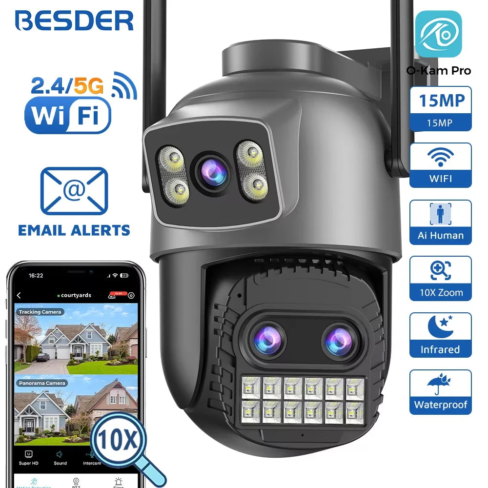 BESDER 15MP Wifi Camera PTZ Outdoor Dual Screen 10X Digital Zoom Human Detection 10MP Security IP Camera Surveillance O-Kam Pro
