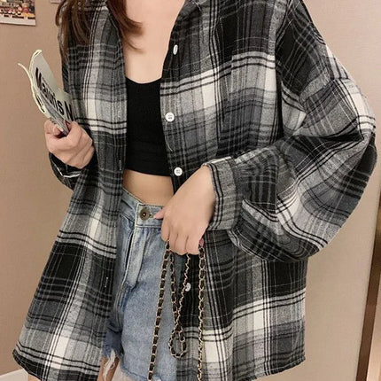 Plaid Shirt Women Autumn Long Sleeve Top Female Vintage Fashion Single Breasted Blouse Ladies Preppy Style Loose Check Shirts