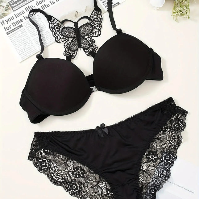 1 Piece Lace Stitching Bra   Panties Front Buckle Push Up Bra  Scallop Trim Panties Lingerie Set  Women's Lingerie Underwear