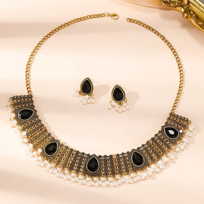 3 PCS Vintage Indian Style Alloy Necklace Earrings Set Exotic Exquisite Pearl Rhinestone Tassel Collar Chain Earrings Palace