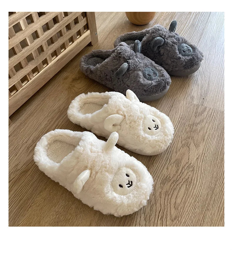 Women Home Fluffy Slippers Platform Anti Slip Comfortable Warm Shoes Cute Sheep Outdoor Couple Slippers Women Men Ladies Shoes