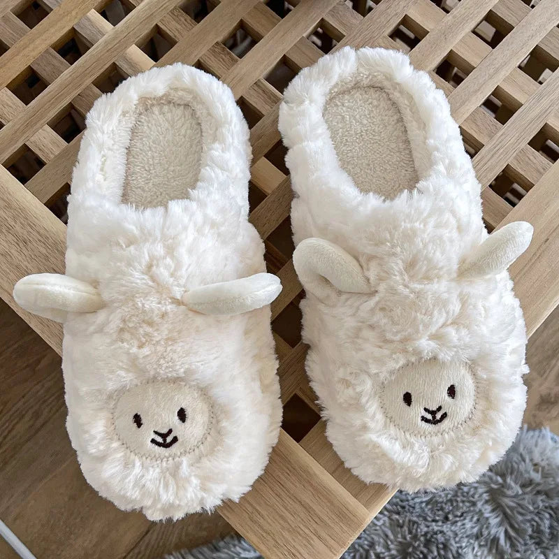 Women Home Fluffy Slippers Platform Anti Slip Comfortable Warm Shoes Cute Sheep Outdoor Couple Slippers Women Men Ladies Shoes