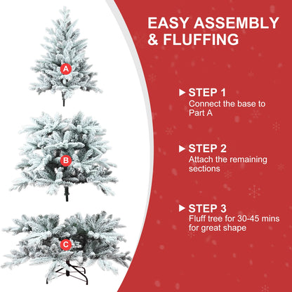 152/213cm Artificial Christmas Decoration Tree 694/1401 Branch Tips Flocked Xmas Tree Sturdy Metal Stand Auto-Spread/Close up