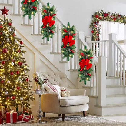 Christmas Wreath Door Decoration LED Staircase Red Rattan Bow Door Wreath Pine Cone Decoration Christmas Wreath Home Decor