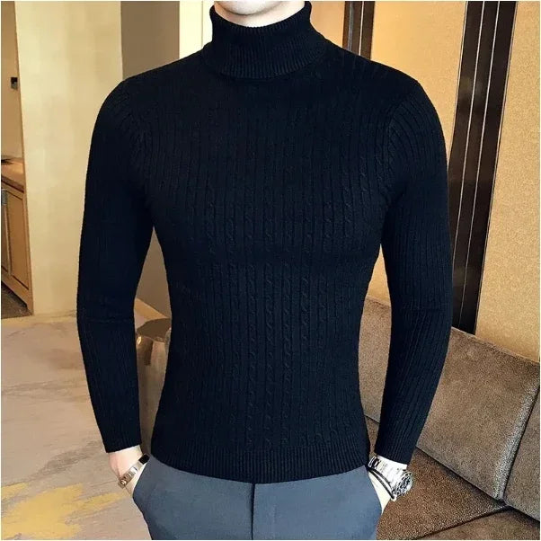 Men's High Neck Sweater Solid Color Pullover Knitted Warm Casual Turtleneck Sweatwear Woolen Mens Winter Outdoor Tops