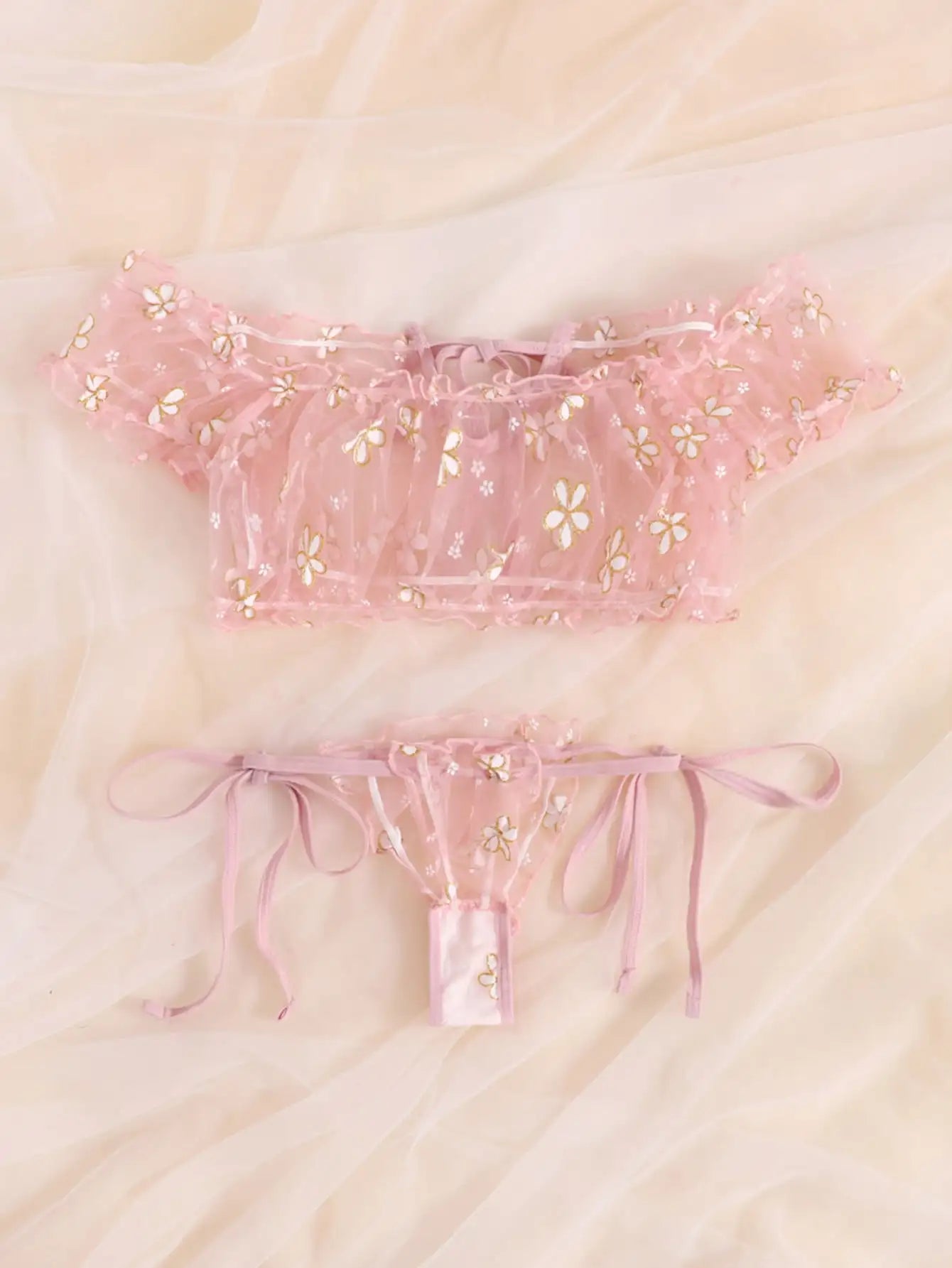 Sexy Fancy Lingerie Set 2 Pieces Transparent Halter Off Shoulder Women's Underwear Beautiful Daisy Print Bra And Panty Sets