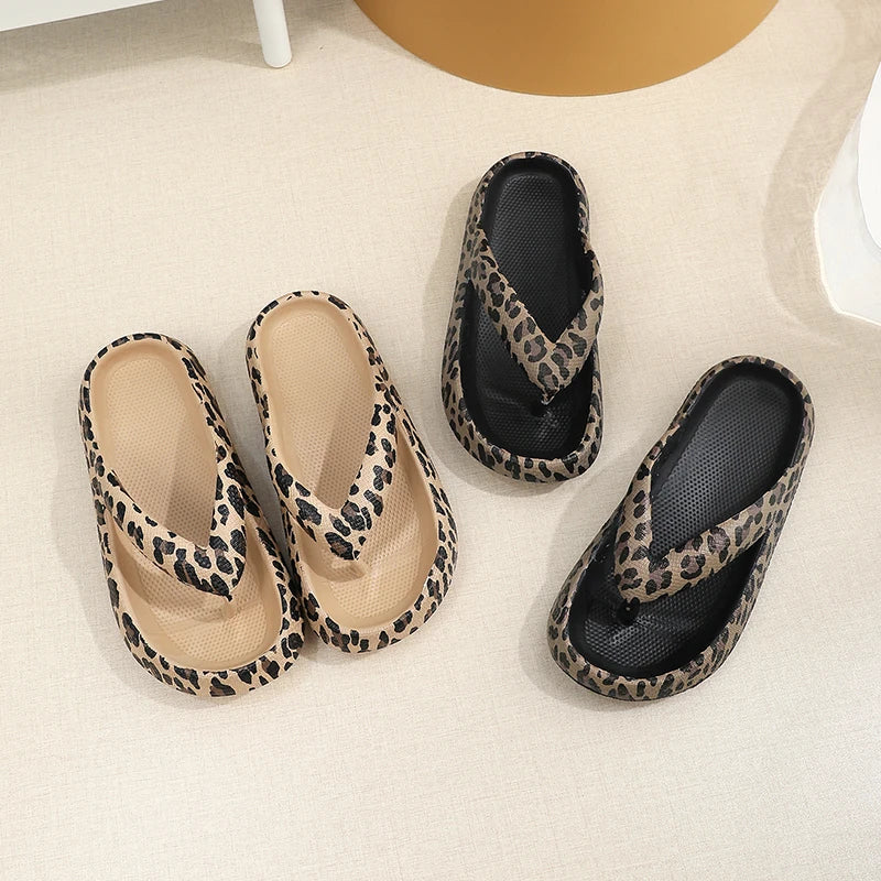 Summer Women Comfort Flip-Flop Leopard Soft Thick-Soled Cloud Slippers Travel Vacation Beach Shoes New Women Sandals